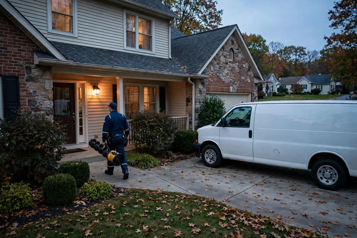 Plumbing service van parked in the driveway of a suburban Ohio home in the early evening, with a uniformed technician carrying drain cleaning equipment toward the front door