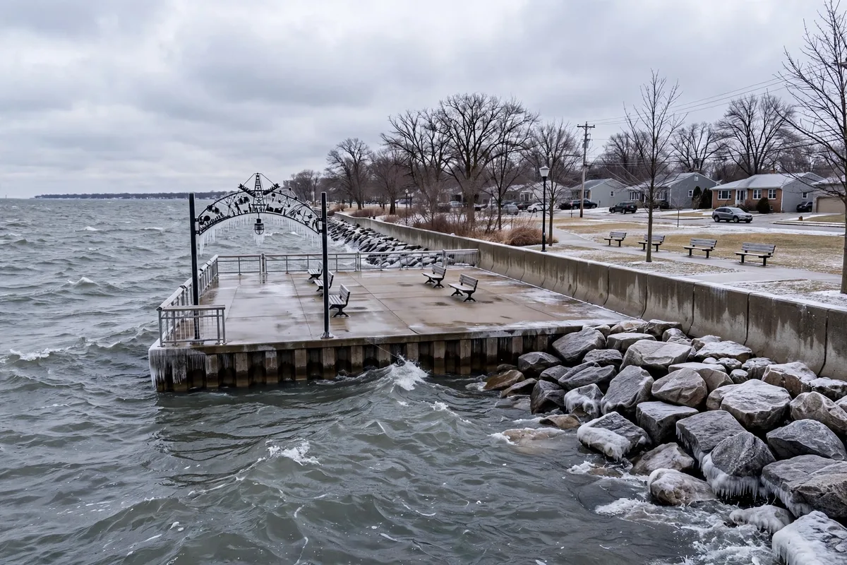 Sims Park on the Lake Erie shoreline in Euclid, Ohio in winter, with a concrete breakwall, fishing pier, and gray lake water