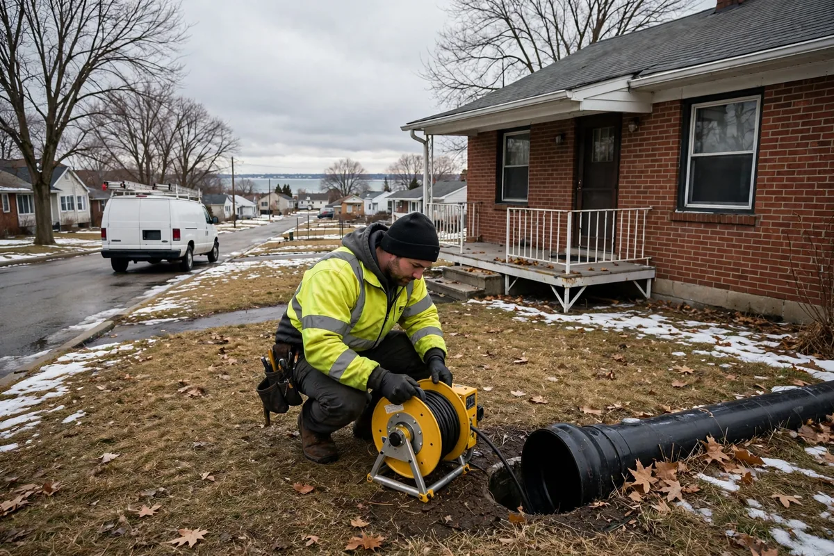 Sewer technician running a camera inspection in the front yard of a post-war brick ranch home in Euclid, Ohio, with Lake Erie visible in the distance on an overcast winter day