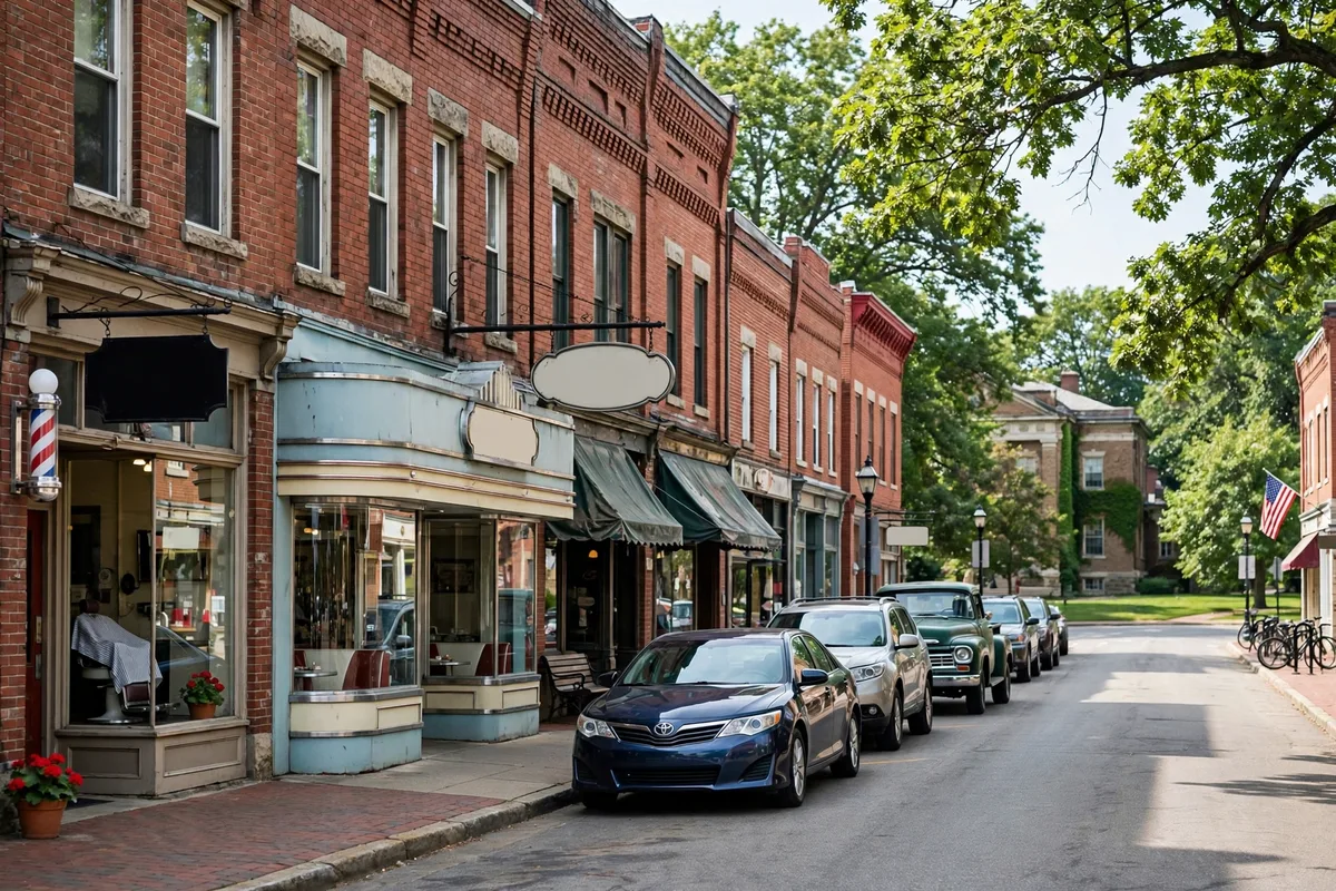 Historic small-town main street with brick storefronts in Fairborn Ohio