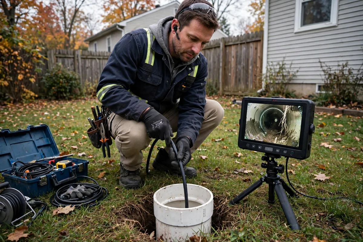 Technician feeding a sewer camera cable into an outdoor cleanout with a monitor showing the pipe interior