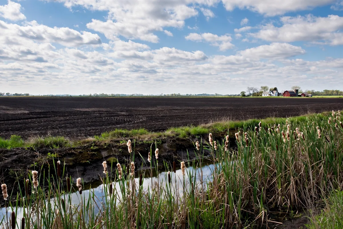 Flat northwest Ohio farmland with a drainage ditch outside Findlay