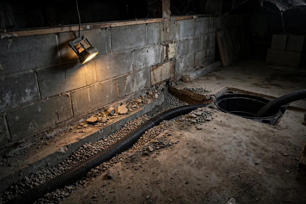 Interior french drain trench cut into a basement concrete floor with perforated pipe and gravel leading to a sump basin