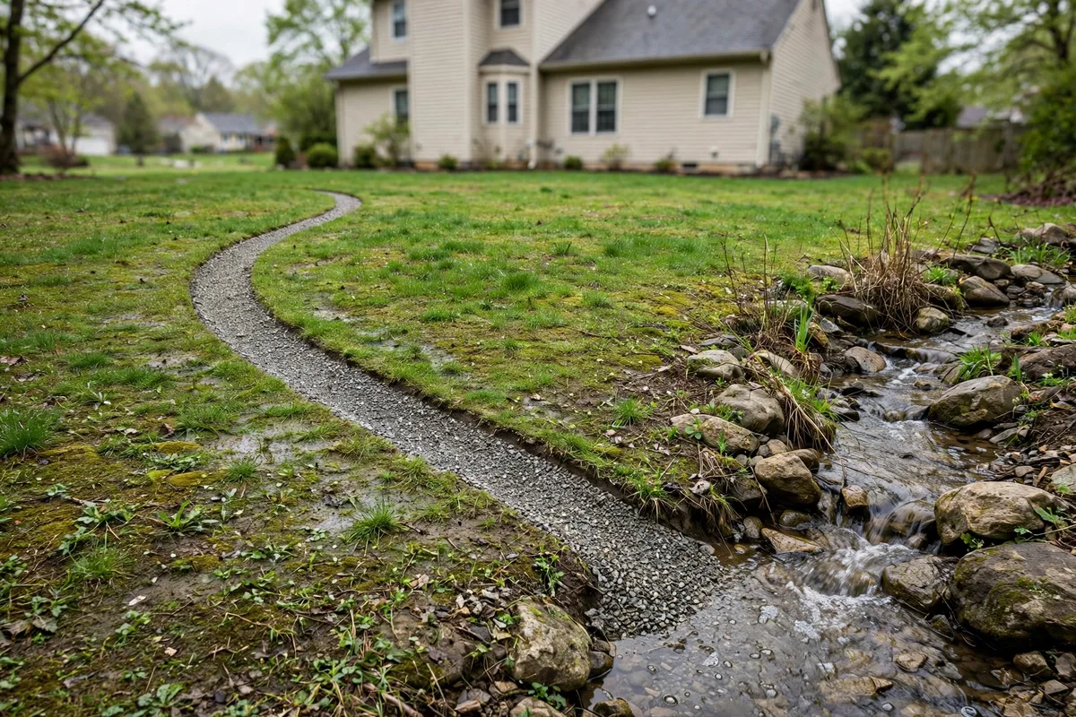 Completed french drain in a backyard with a gravel channel carrying water to a dry creek bed outlet