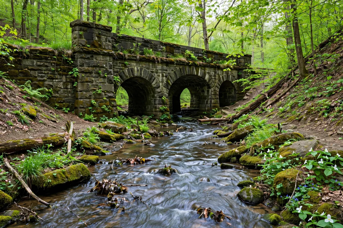 Mill Creek flowing under a stone bridge in the wooded Garfield Park Reservation in Garfield Heights, Ohio