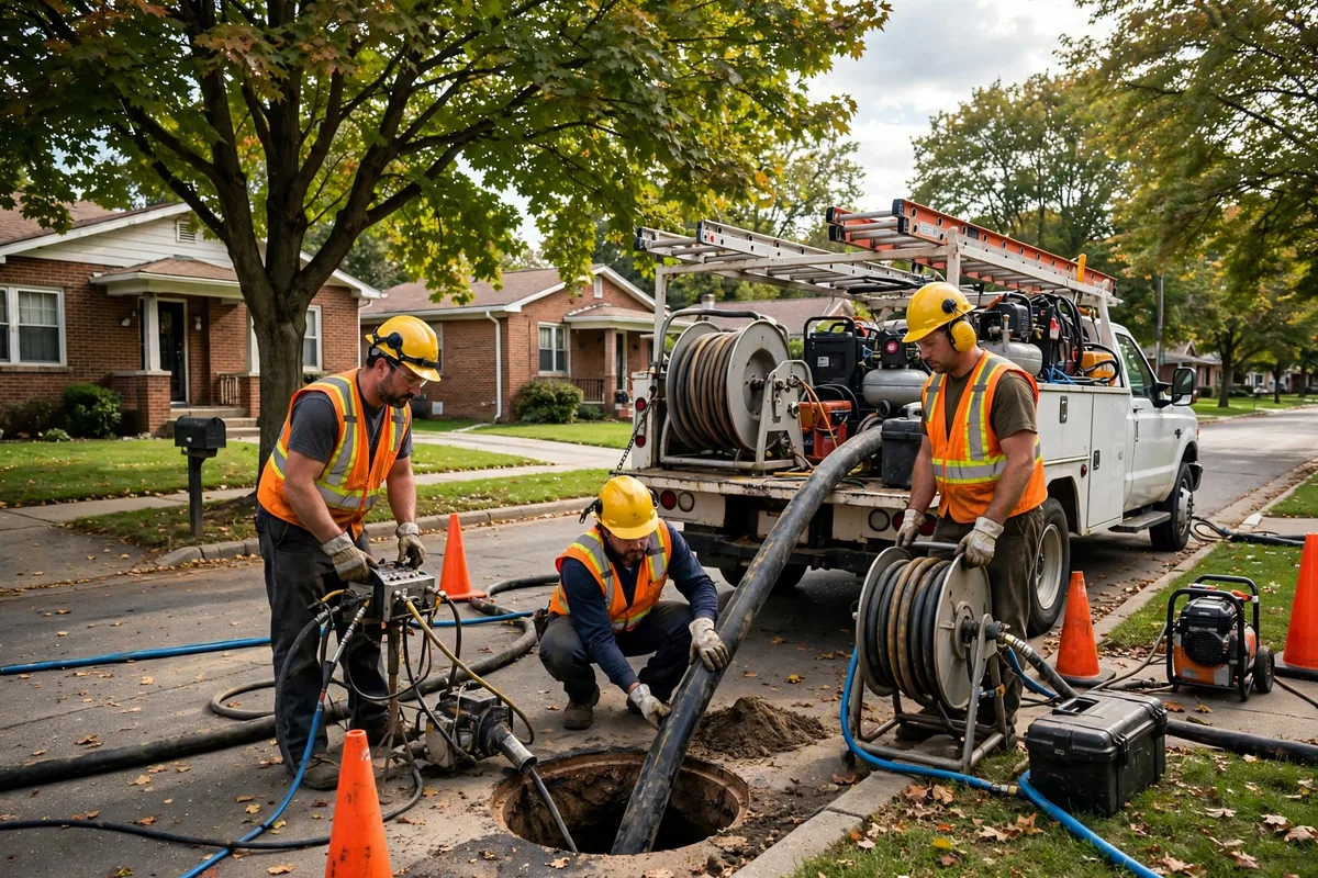 Trenchless sewer repair crew working on a residential street of 1950s bungalows in Garfield Heights, Ohio, with work truck and equipment
