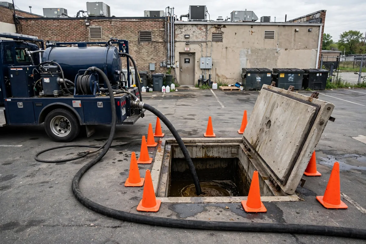 Service truck vacuum hose running into an open underground grease interceptor vault behind a restaurant