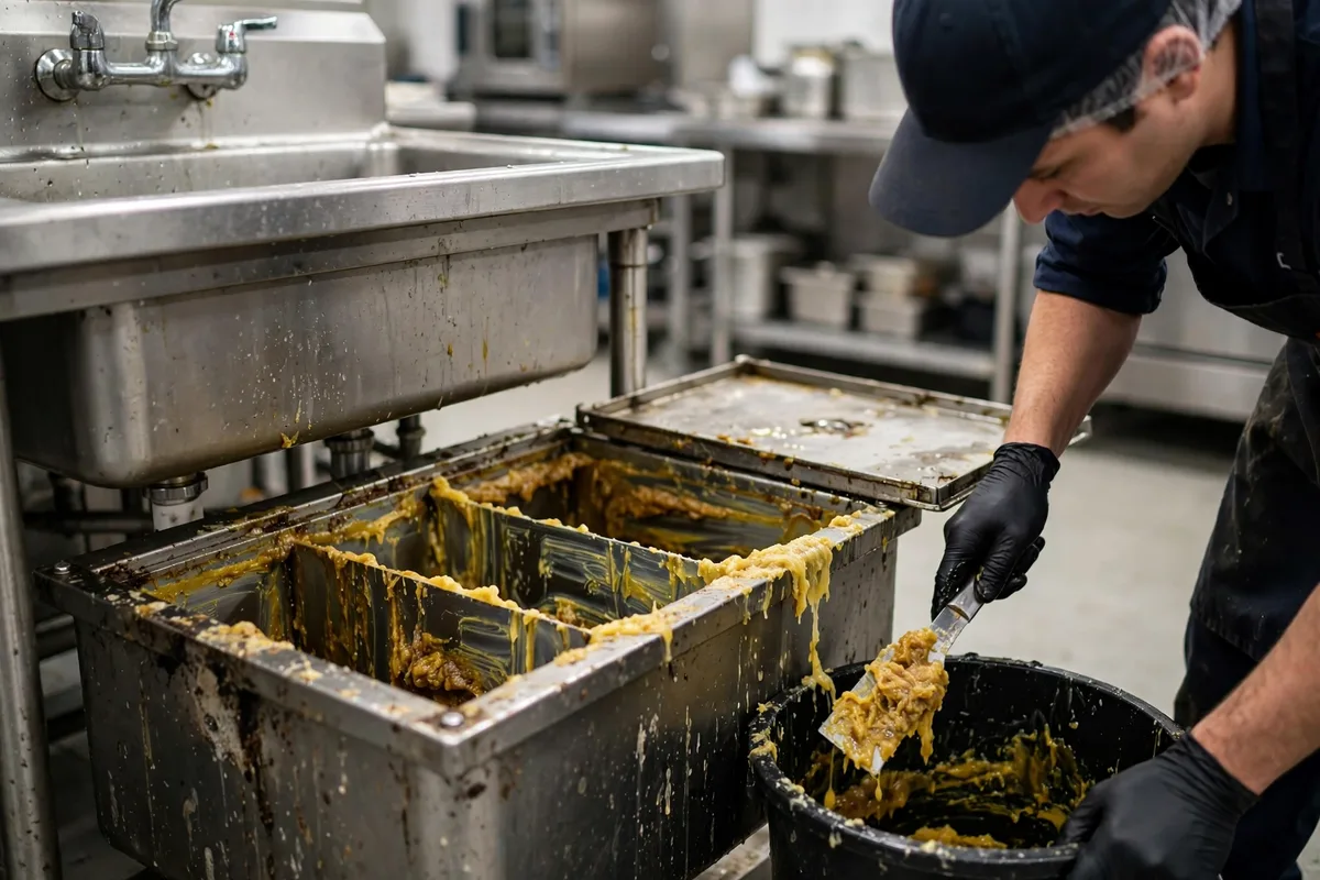 Technician cleaning an open commercial grease trap, scraping thick grease from the baffles into a waste container