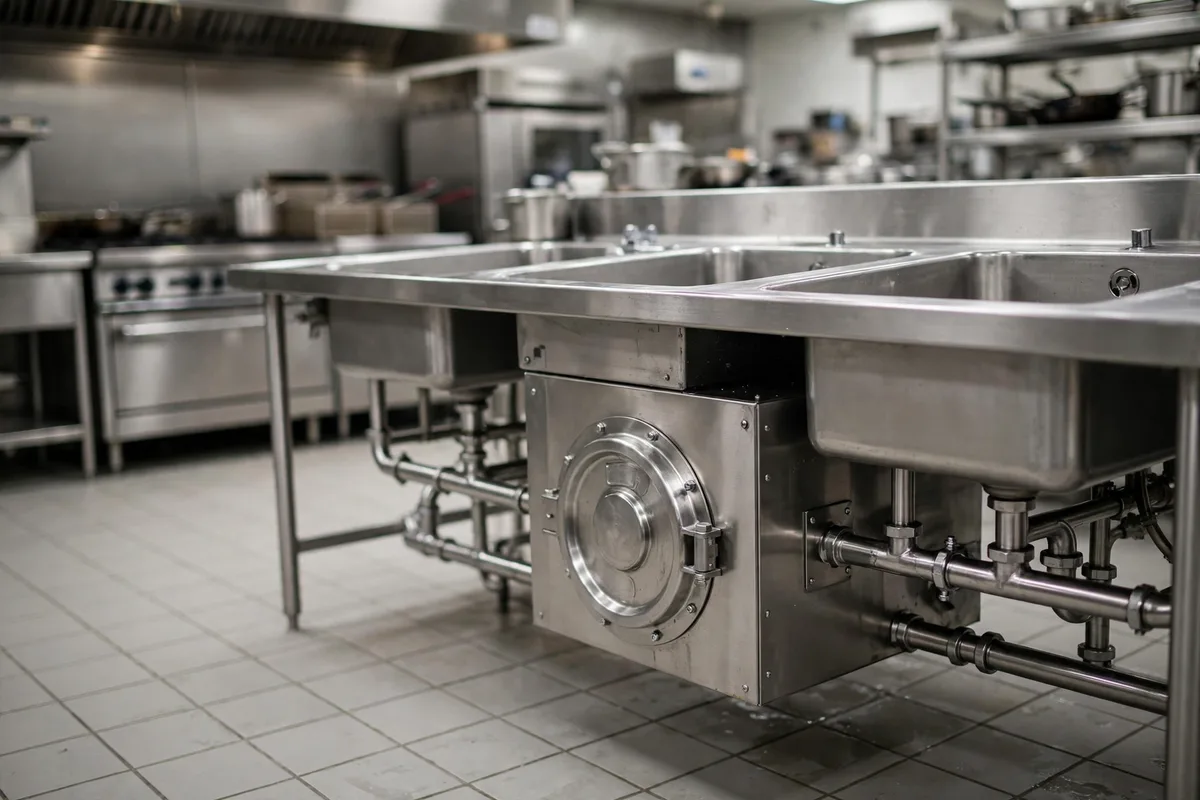 Stainless steel grease trap installed under commercial kitchen sinks with clean piping and access lid