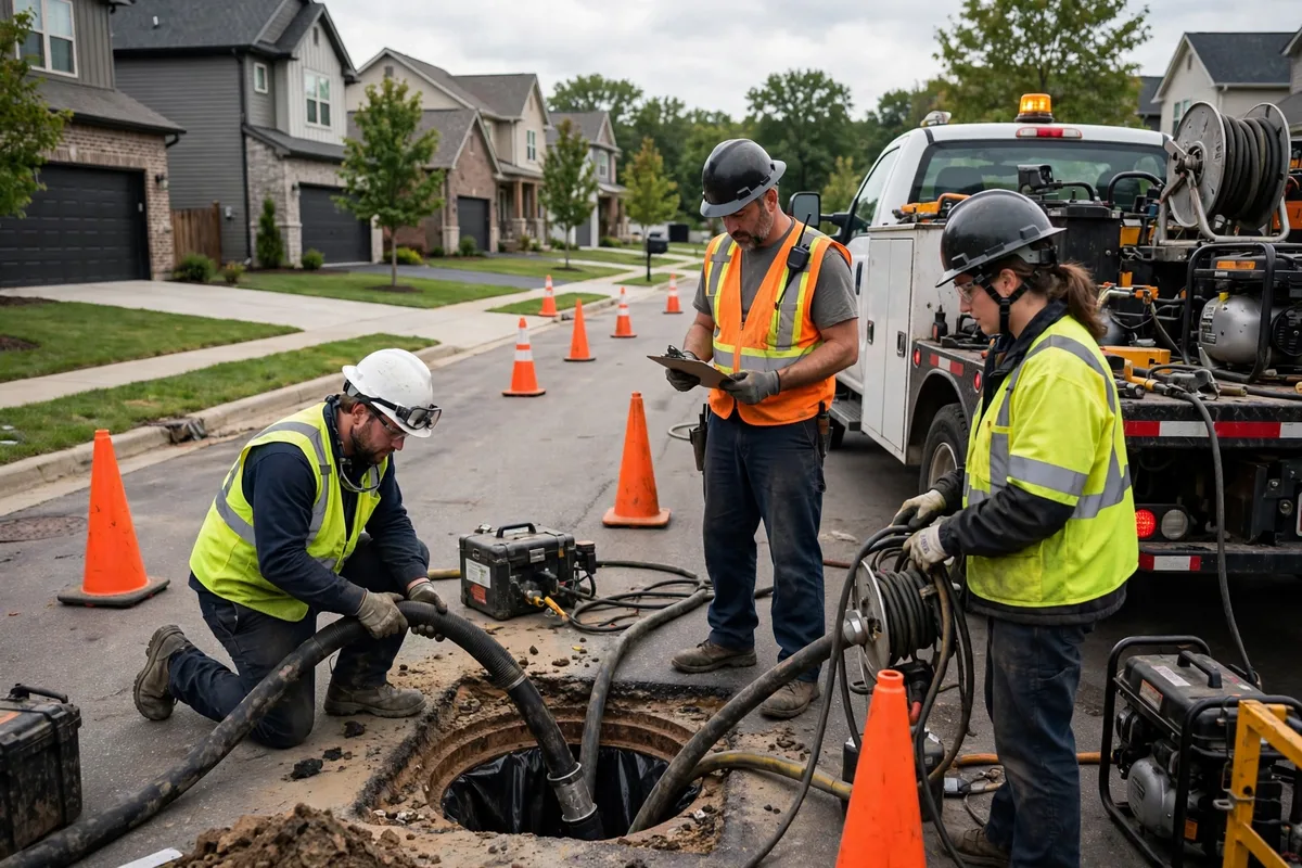 Sewer repair crew working on a suburban street in Green, Ohio