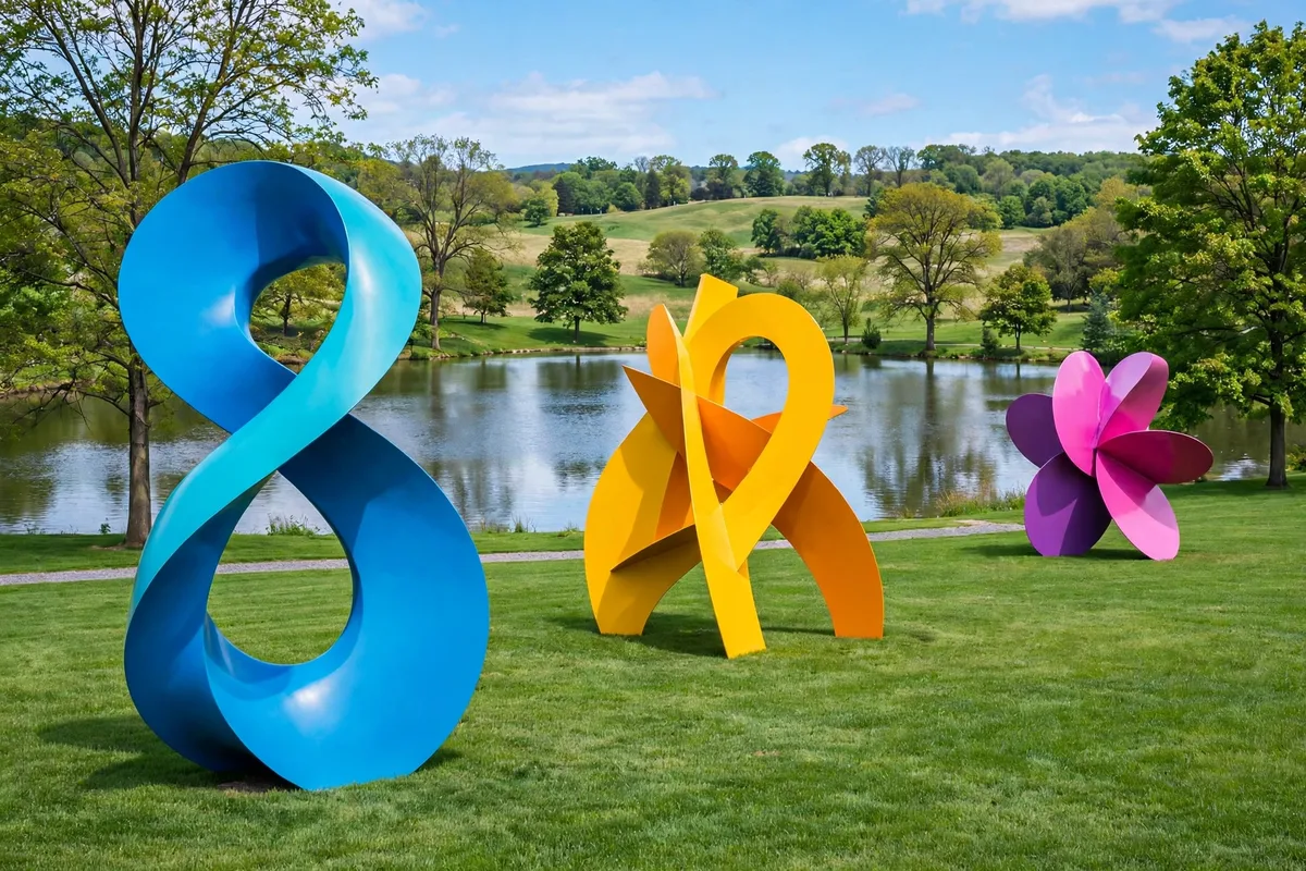 Large outdoor sculptures in a green park near Hamilton Ohio, the City of Sculpture