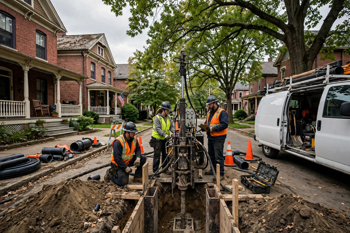 Sewer repair crew running trenchless pipe-bursting equipment on a historic Hamilton Ohio street with early-1900s brick homes near the Great Miami River