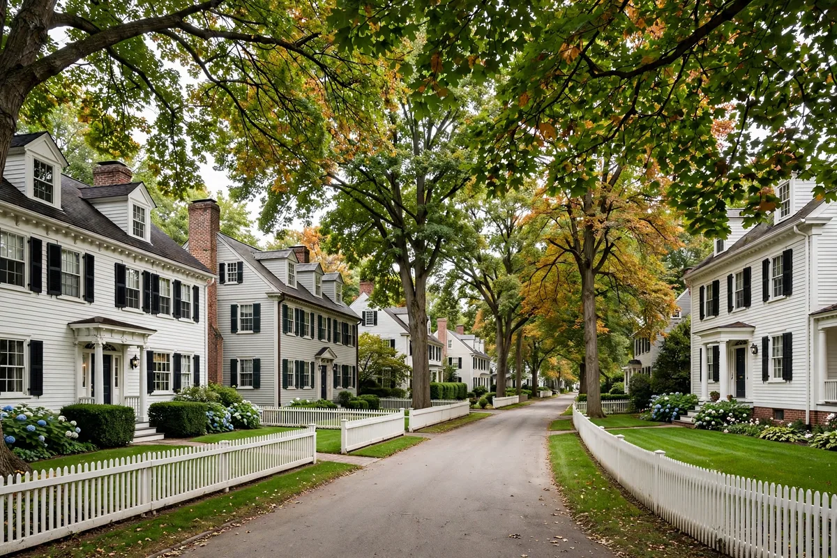 Upscale historic colonial homes on a mature tree-lined street in Hudson, Ohio