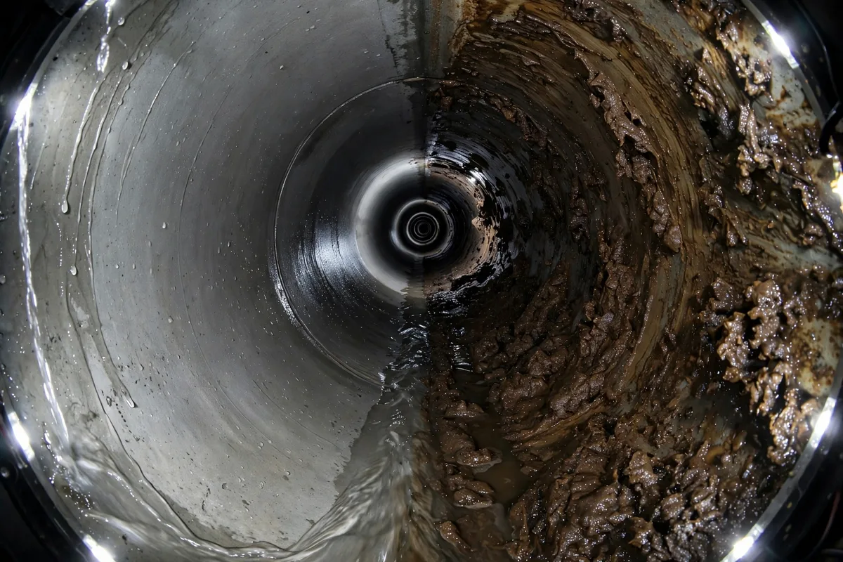 Inside view of a sewer pipe showing a clean scoured section next to thick grease and sludge buildup before hydro jetting passes