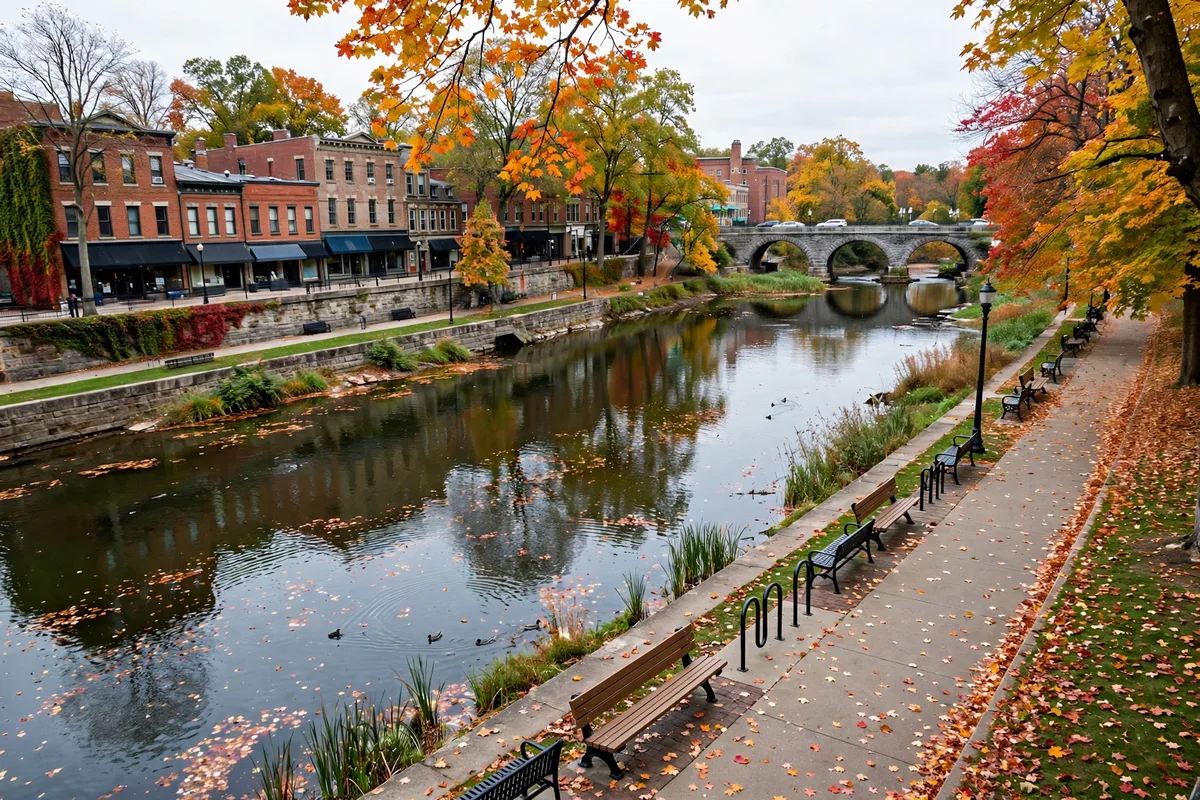 Downtown Kent, Ohio, college-town brick buildings along the Cuyahoga River near Kent State University