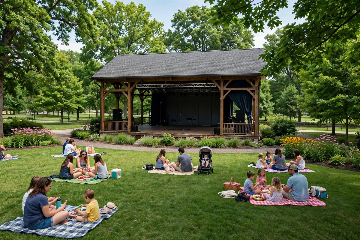 Outdoor amphitheater pavilion with lawn seating in a landscaped Kettering city park on a summer day