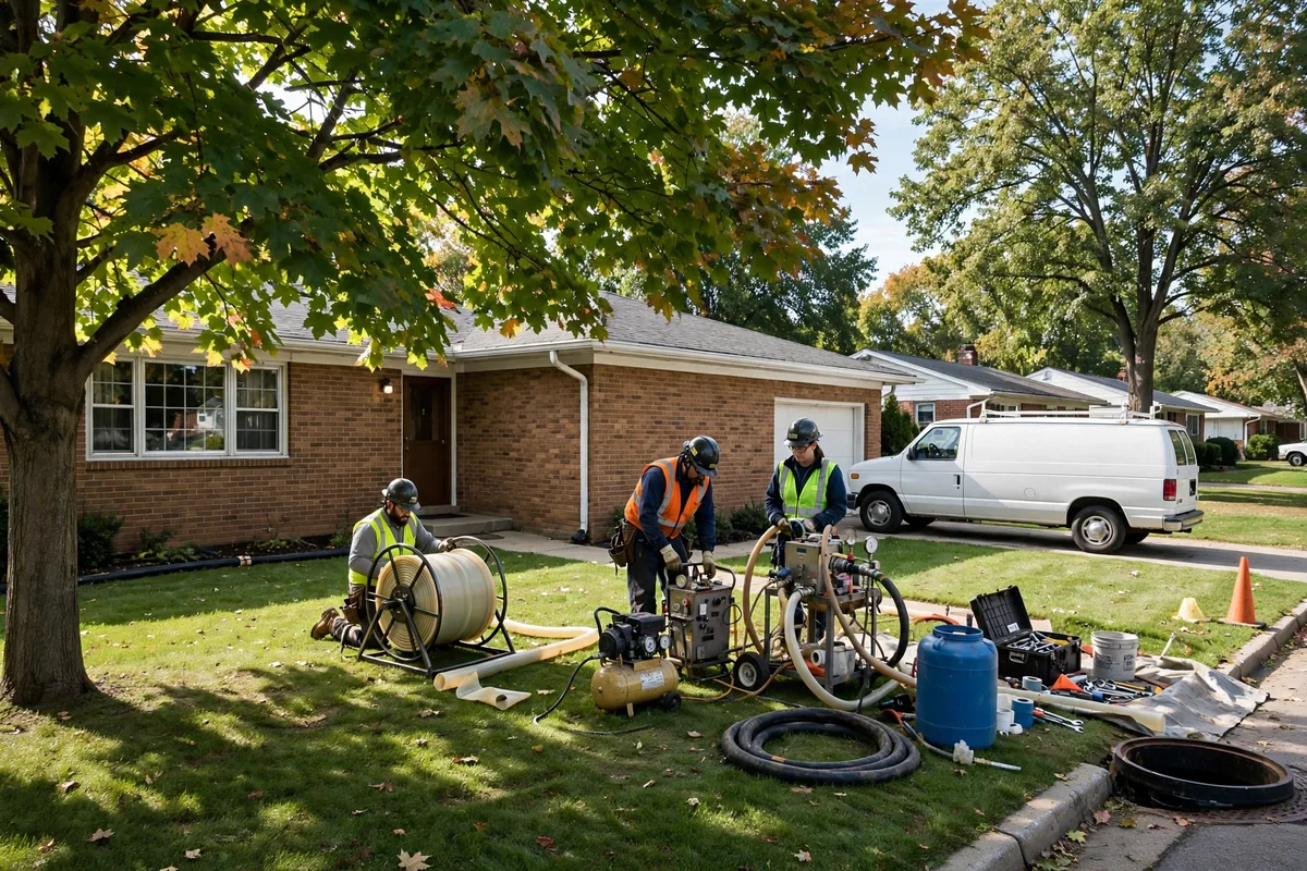 Trenchless sewer repair crew setting up pipe lining equipment in the yard of a 1960s brick ranch home in Kettering