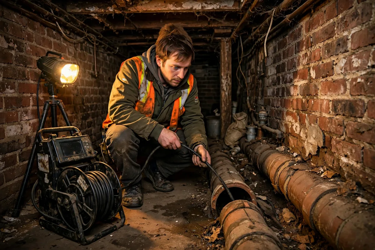 Sewer camera inspection technician in a narrow brick basement of a 1920s Lakewood, Ohio duplex with old clay tile pipe