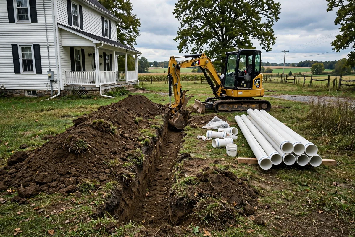 Trenchless sewer crew working on a narrow historic street in Lancaster, Ohio with old brick homes