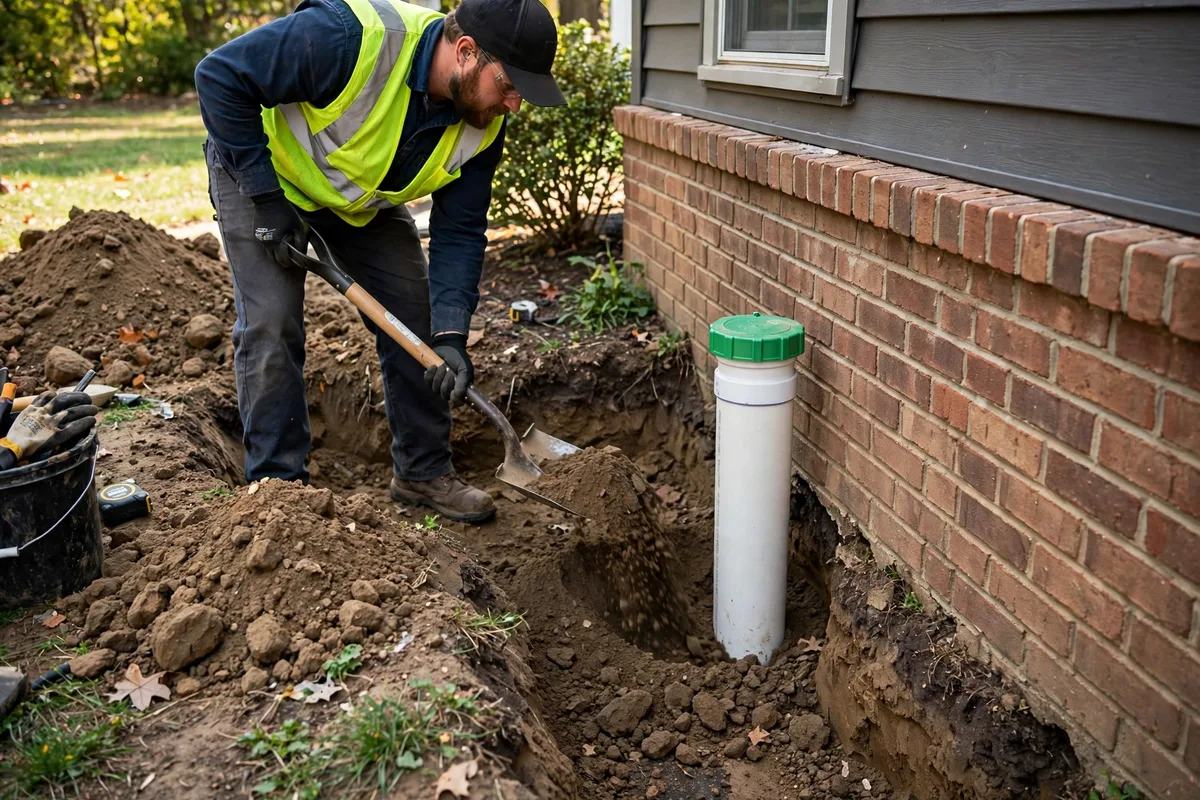 Close-up of old clay tile sewer pipe with tree roots growing through the separated joints