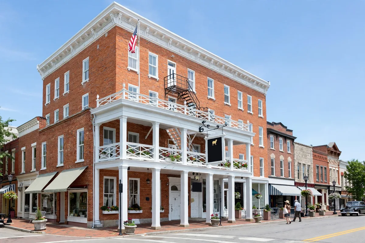 Historic Golden Lamb style brick inn and antique storefronts in downtown Lebanon Ohio