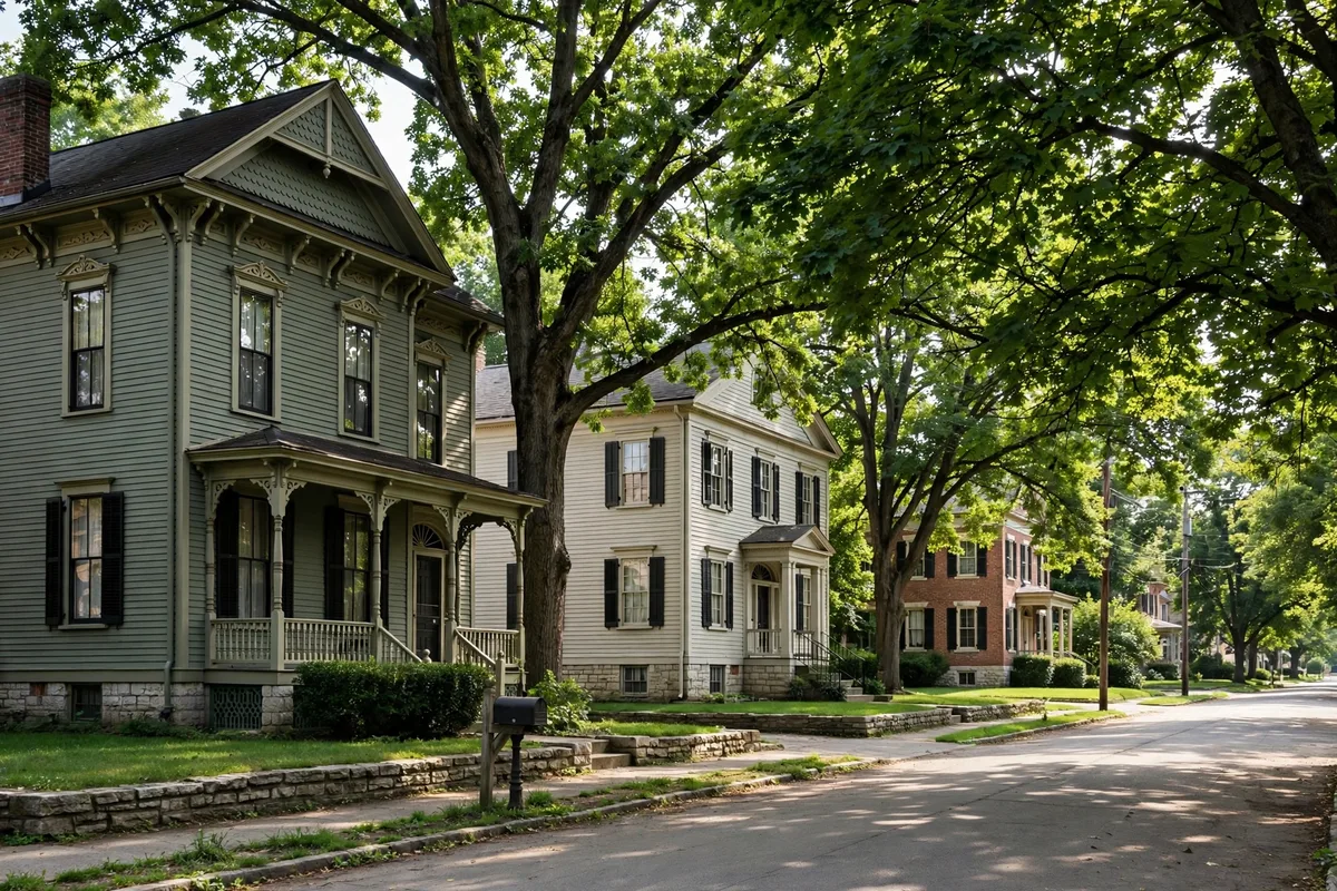 Lebanon Ohio residential street with older Victorian and Federal style homes and large shade trees