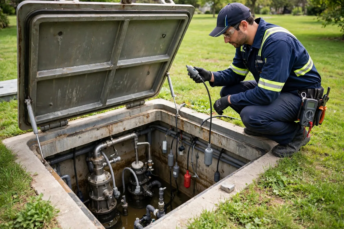 Technician servicing an open lift station basin, inspecting a float switch cable with pumps visible inside