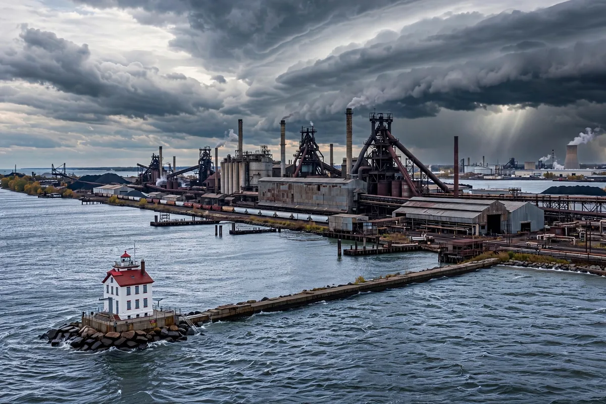 Steel mill buildings along the Lake Erie lakefront in Lorain, Ohio, with the harbor lighthouse
