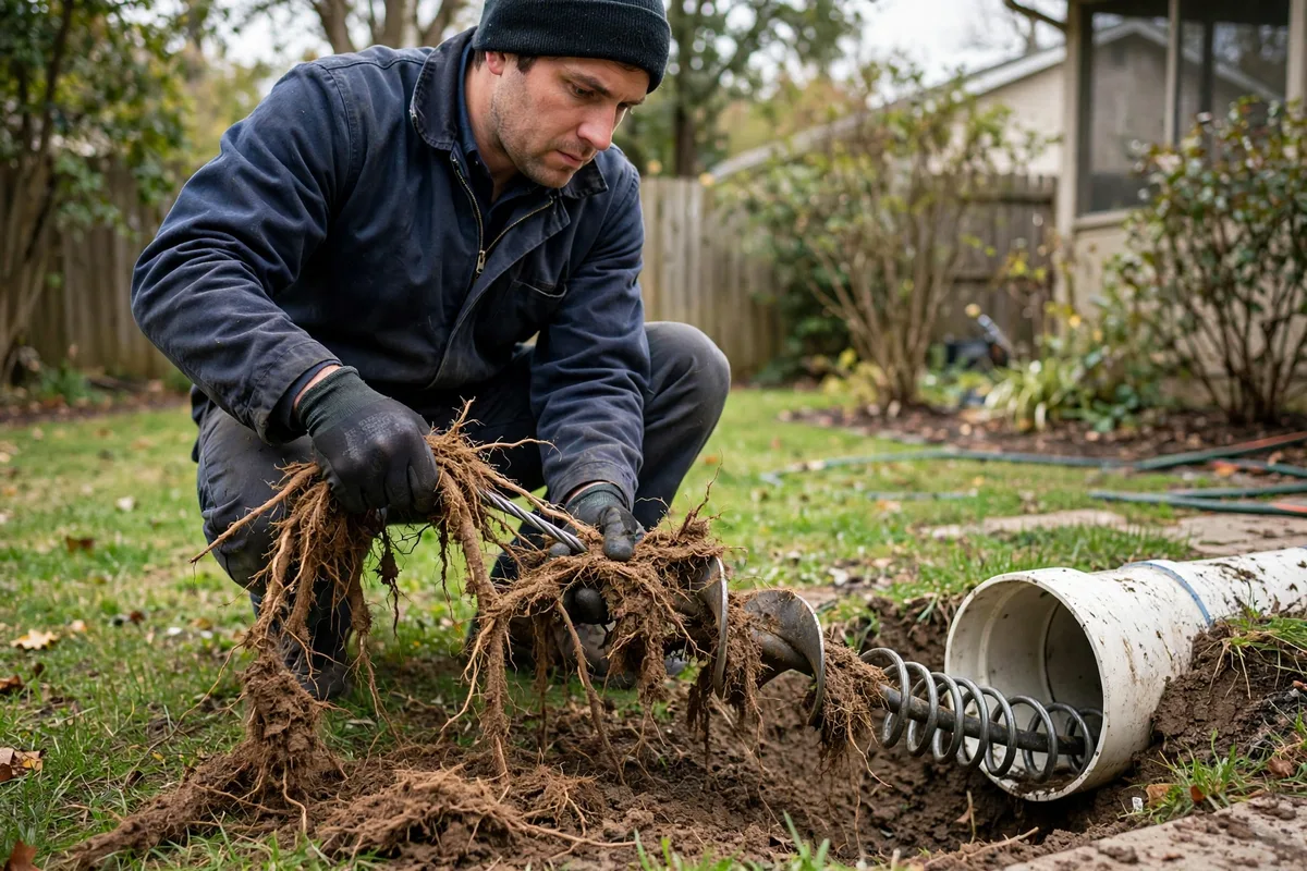 Technician pulling tree roots off a drain auger cable next to an outdoor cleanout