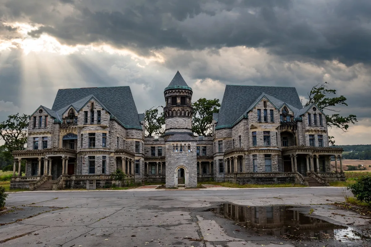 Historic 1890s stone reformatory building with towers in Mansfield, Ohio