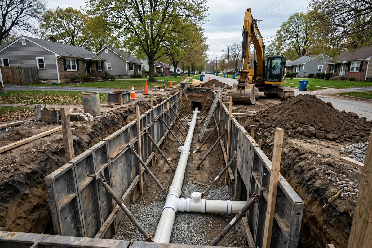 Open-trench sewer line replacement in Mansfield, Ohio with new PVC pipe in a deep trench
