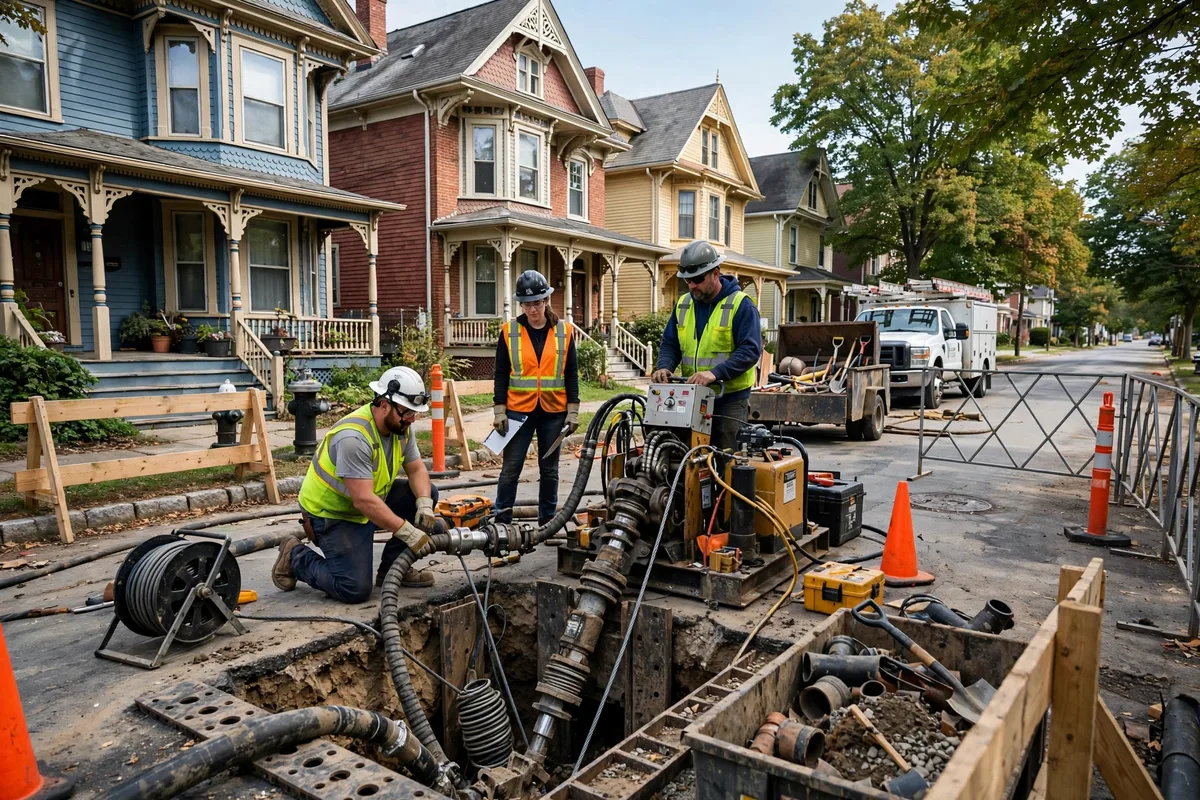 Trenchless sewer repair crew working on a residential street of Victorian-era homes in Mansfield, Ohio