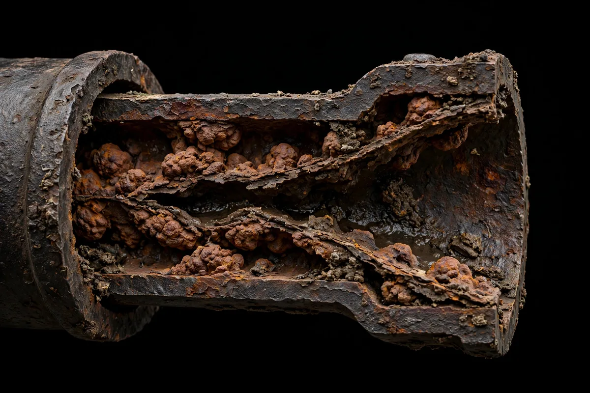 Cross-section of aging cast iron sewer pipe showing heavy internal rust scale and tuberculation narrowing the flow channel
