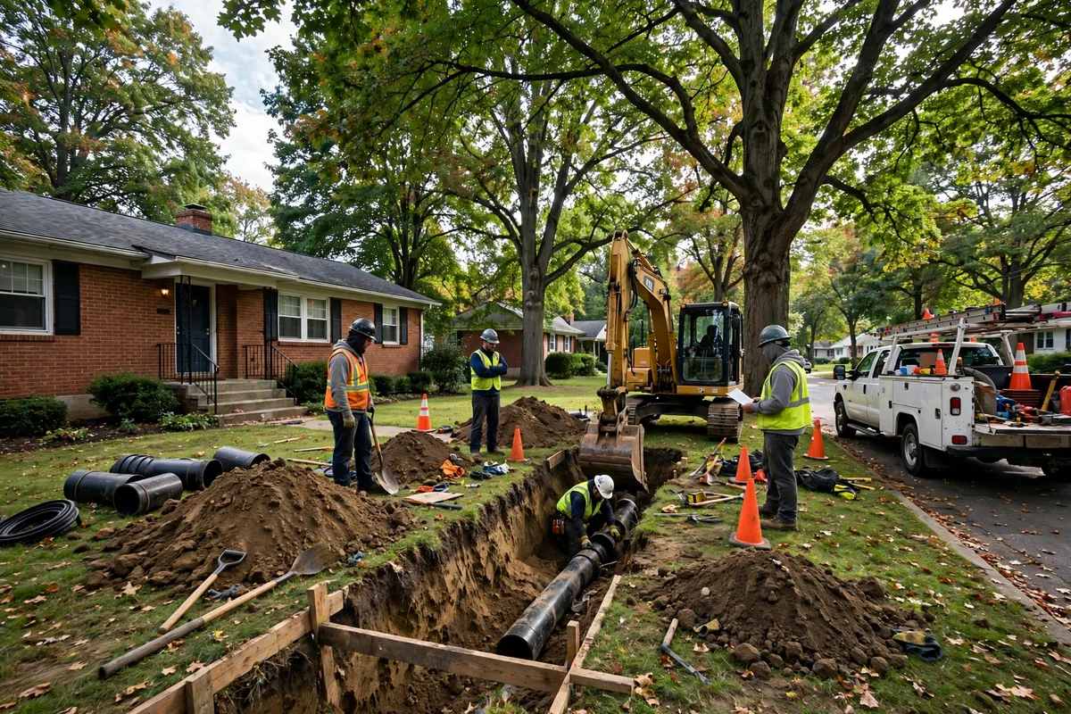 Sewer line replacement crew excavating a trench in the front yard of a 1950s ranch home in Maple Heights, Ohio, with mature trees and a work truck