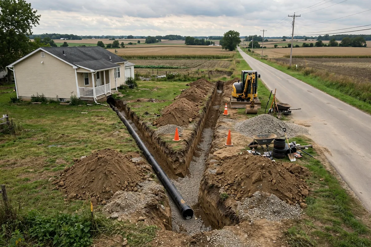 Septic-to-sewer conversion jobsite in Marion, Ohio with a new sewer lateral trench connecting a rural home to the road