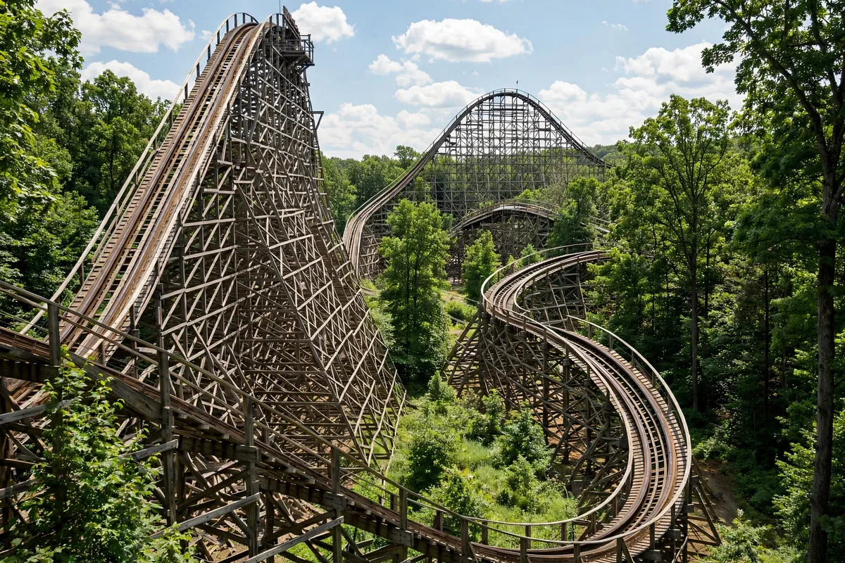 Rolling wooden roller coaster at an amusement park near Mason Ohio against a summer sky