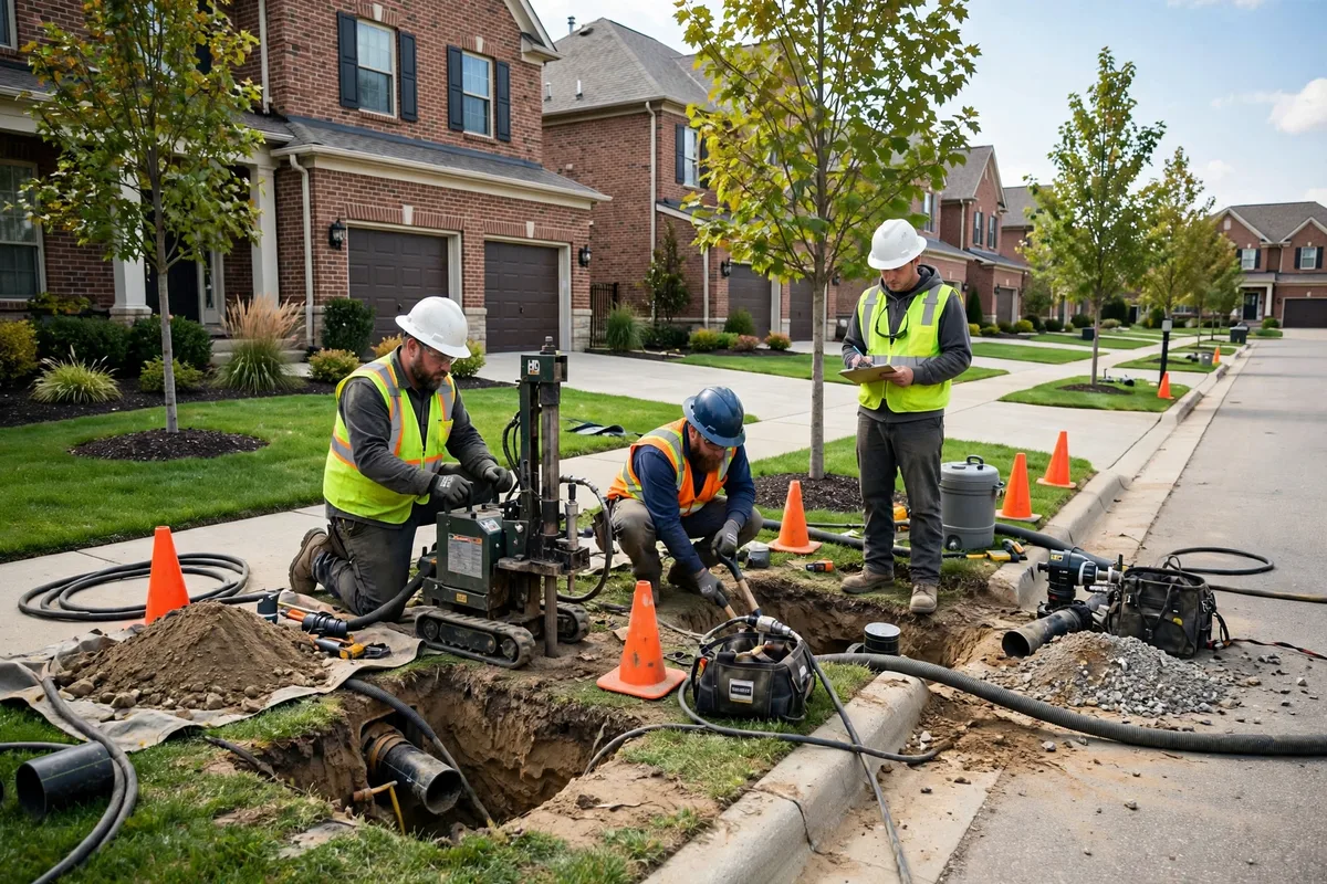Trenchless sewer repair crew working with minimal digging in an upscale Mason Ohio subdivision with two-story homes and landscaped yards