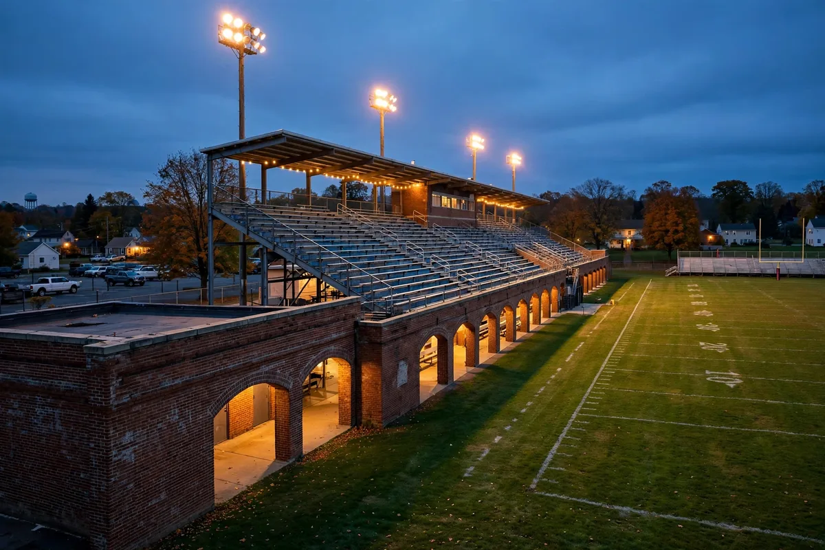 Classic small-town Ohio high school football stadium with brick facade and bleachers at dusk