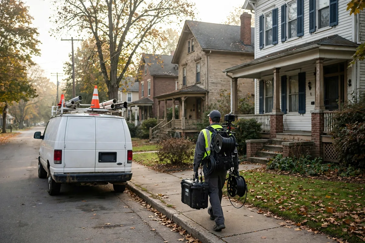 Sewer repair service van on a quiet residential street of early-1900s homes in Massillon, Ohio