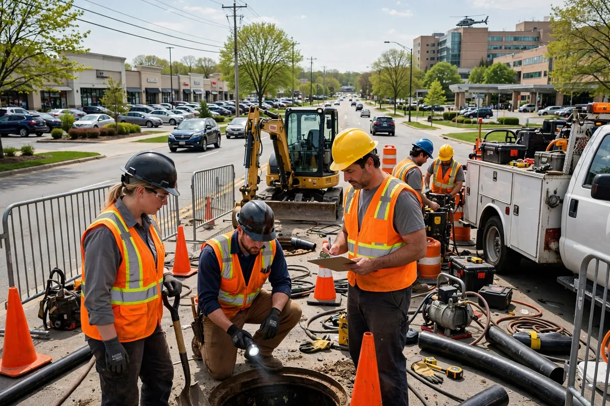 Sewer repair crew working along the Mayfield Road commercial corridor in Mayfield Heights, Ohio, with a shopping center and hospital campus in the background