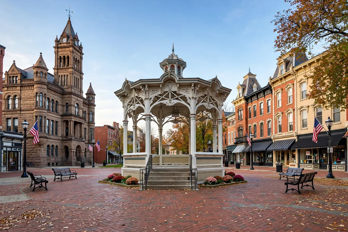 The historic Public Square in Medina, Ohio, with Victorian buildings, a gazebo, brick streets, and American flags