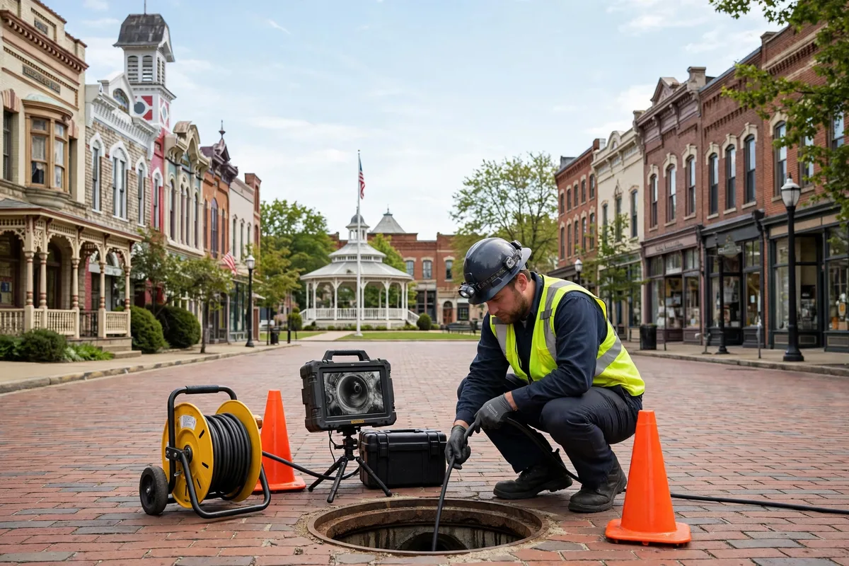 Sewer camera inspection technician working in front of a Victorian-era home near the historic town square in Medina, Ohio, with brick streets and 19th century storefronts