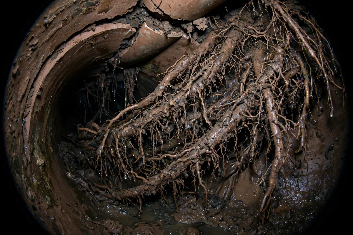 Sewer camera view inside a clay pipe showing fibrous tree roots invading through a cracked joint