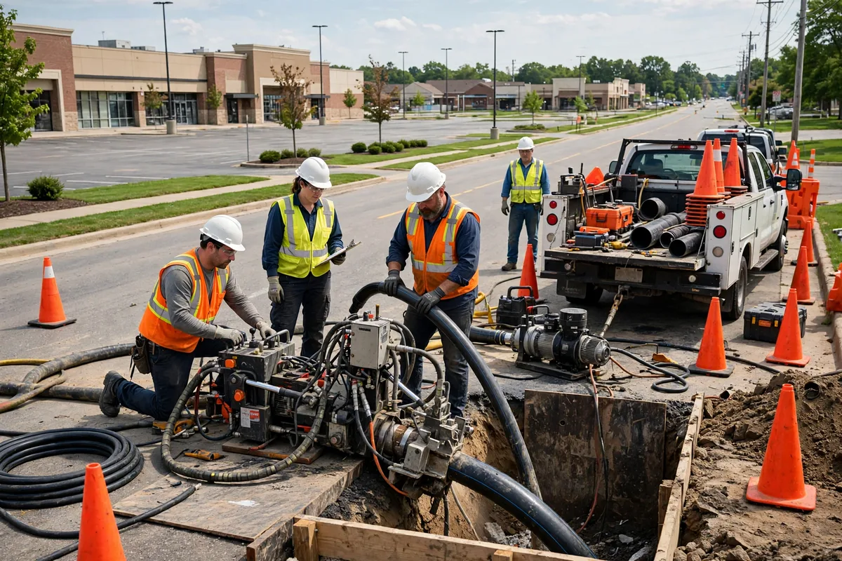 Trenchless sewer repair crew with pipe bursting equipment working along a busy suburban commercial corridor in Mentor, Ohio, with a shopping mall in the background