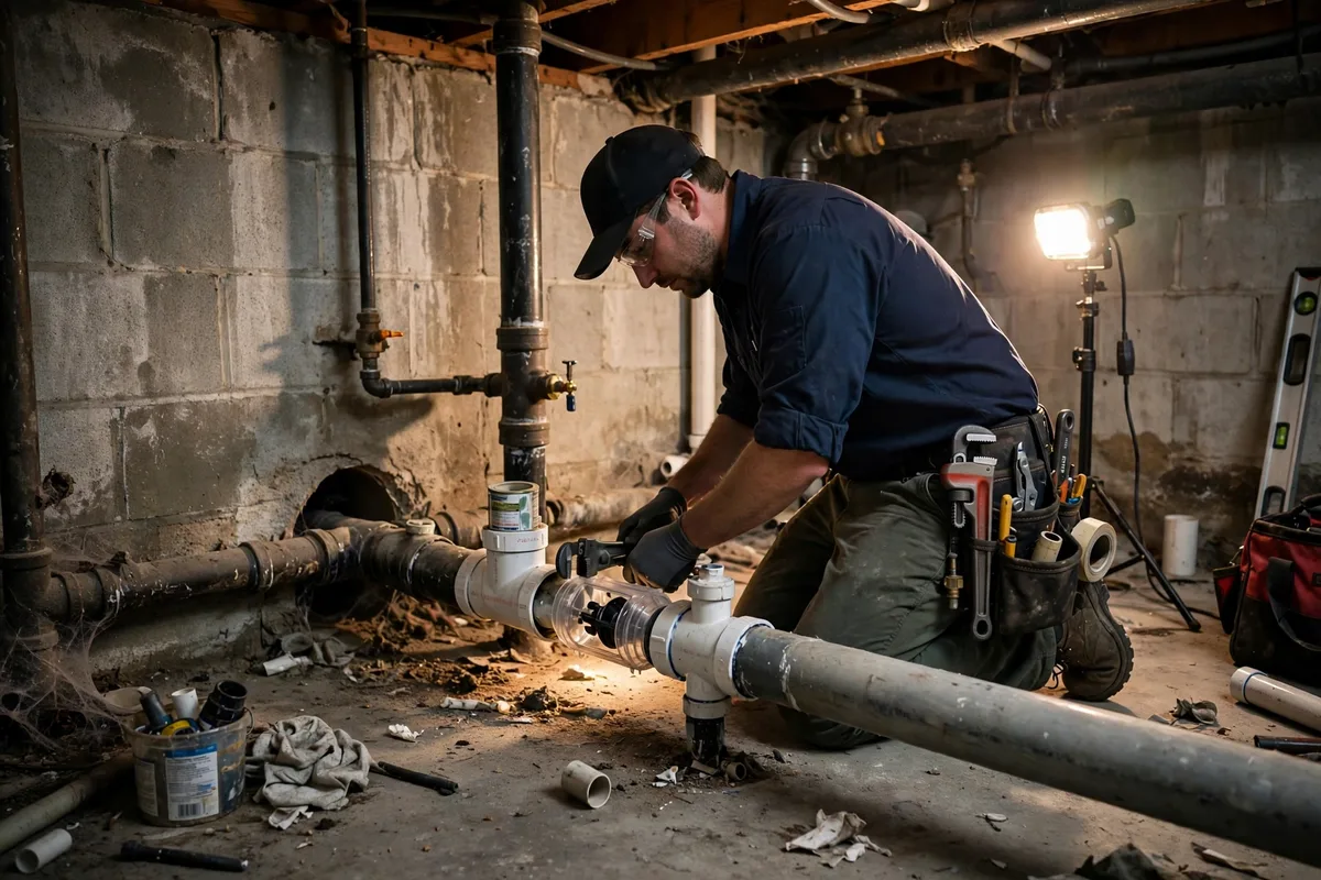 Plumber installing a backwater valve on a residential sewer lateral in a home basement