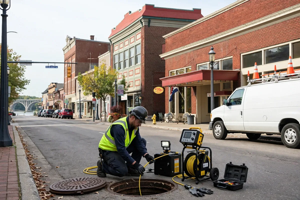 Sewer camera inspection technician on a historic brick main street in Miamisburg riverfront downtown