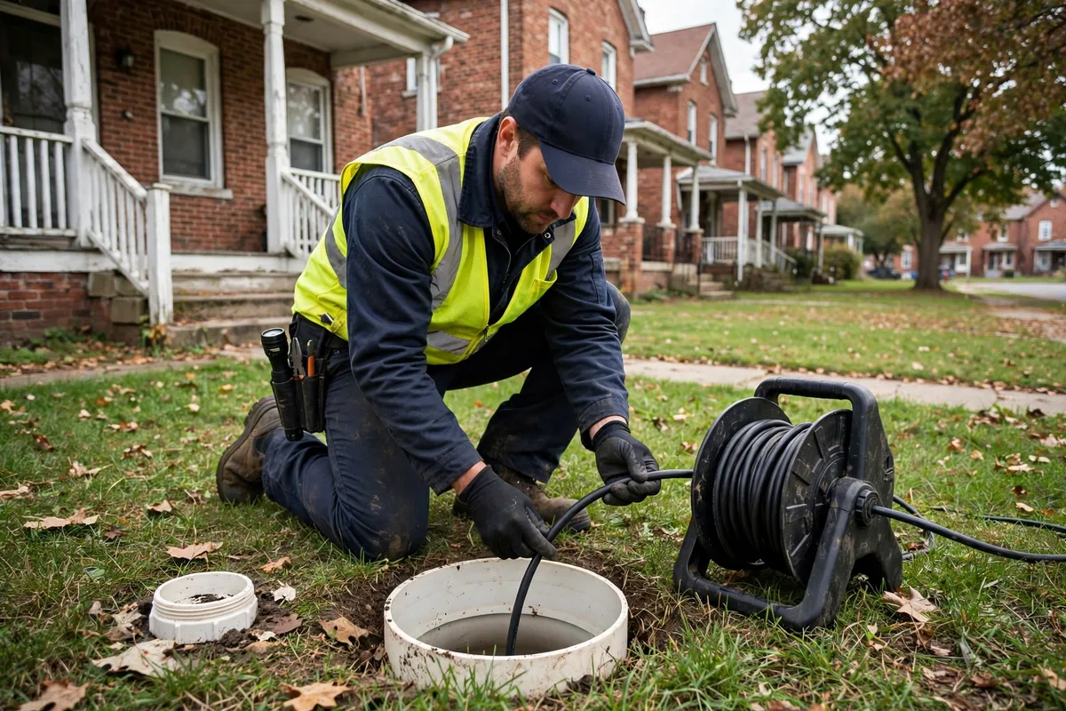 Sewer camera inspection technician working in the yard of an older Middletown Ohio home with industrial-era brick architecture nearby