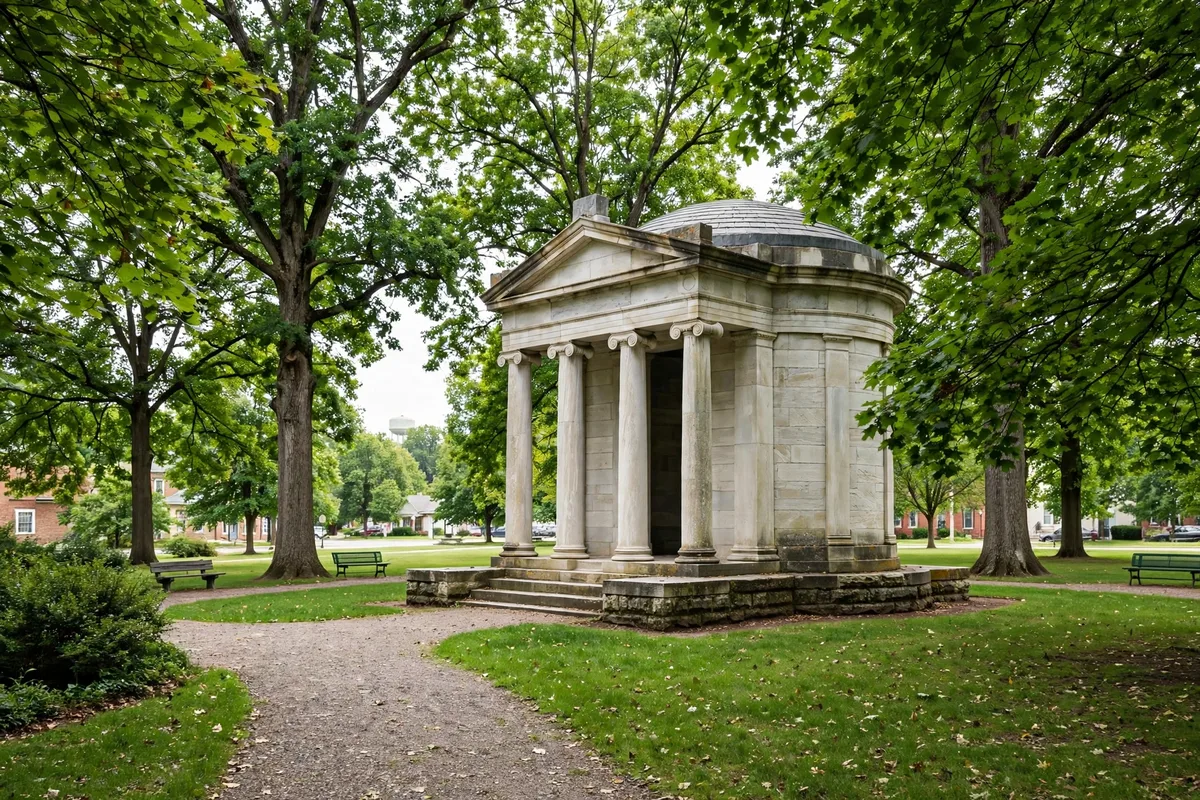 Classical stone memorial building with columns surrounded by mature trees in a Niles, Ohio memorial park