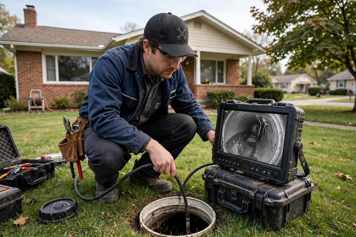 Plumbing technician with a camera monitor diagnosing a sewer line at a 1950s ranch home in Niles, Ohio