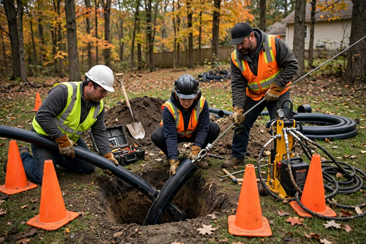 Pipe bursting crew pulling new HDPE pipe through an access pit in a wooded North Royalton, Ohio backyard